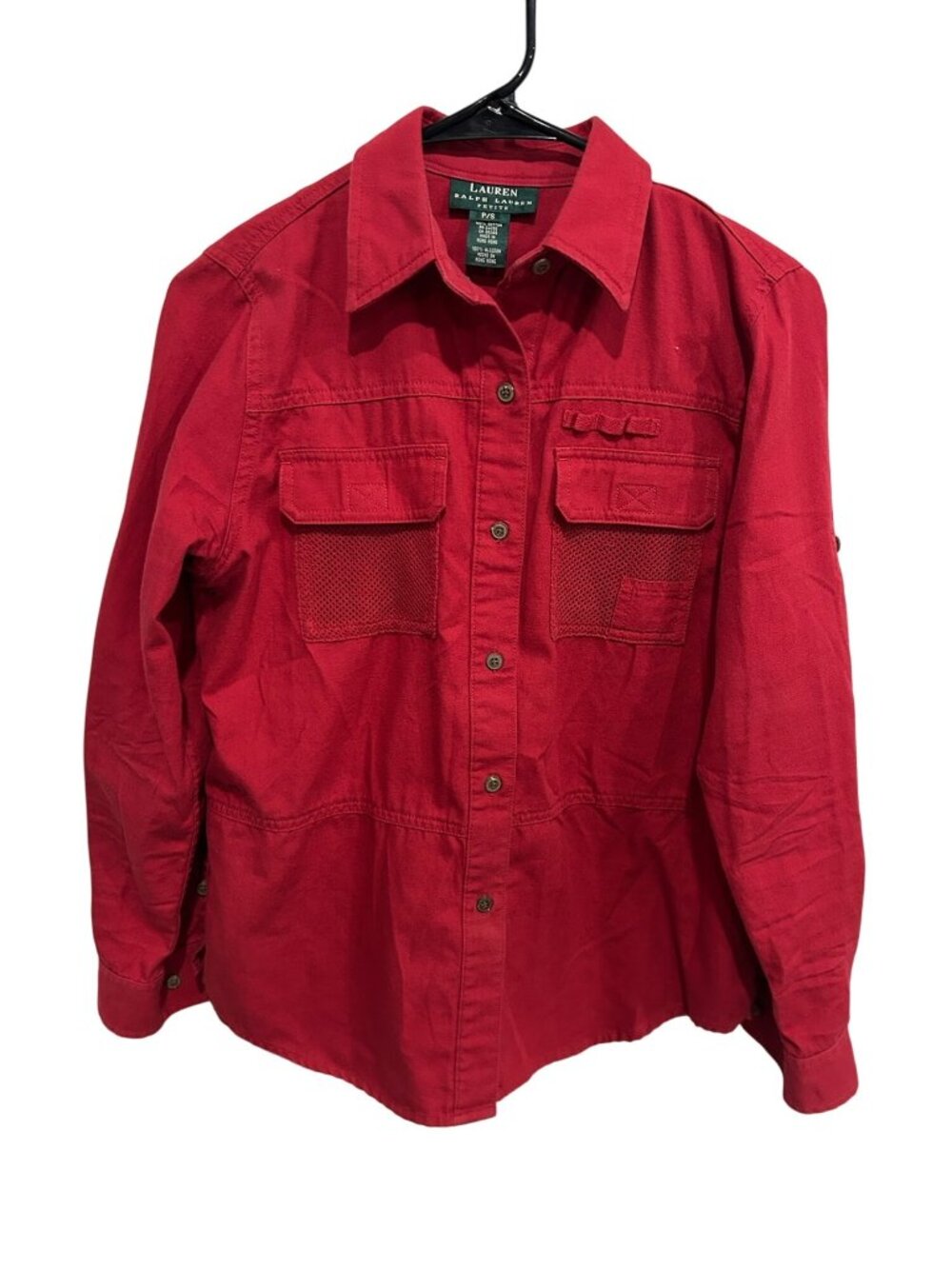 Lauren Ralph Lauren Button Front Utility Shirt Red Sz Small Petite Cotton Work